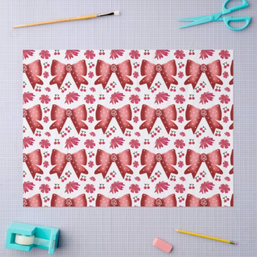 Red Cherry Bow Seamless Pattern Cute Coquette Gift 薄葉紙 (クラフト)