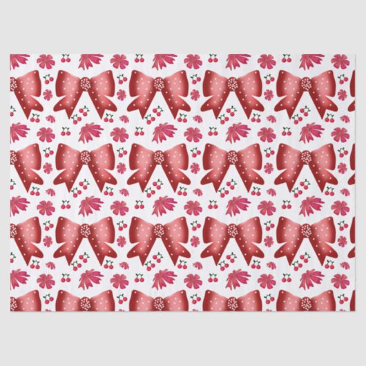Red Cherry Bow Seamless Pattern Cute Coquette Gift 薄葉紙 (正面)