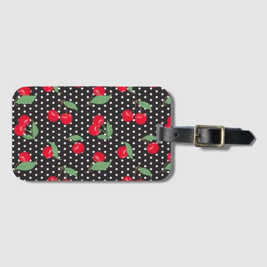 Red Cherry Fruit Green Leaves Black White Dots ラゲッジタグ (正面横)