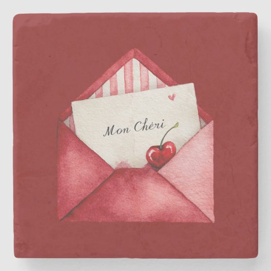 Red Cherry Heart Envelope Valentine's Day ストーンコースター (正面)