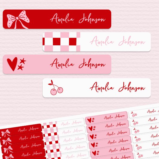 Red Cherry & Pink Bows Waterproof Kids Name ラベル