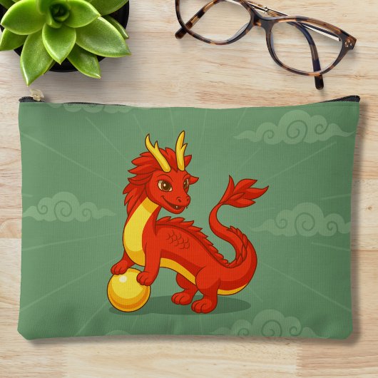 Red Chinese Dragon on Green アクセサリーポーチ