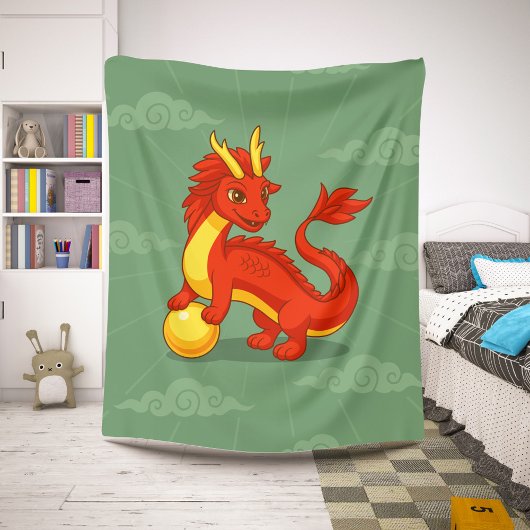 Red Chinese Dragon on Green シェルパブランケット