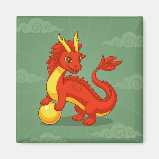 Red Chinese Dragon on Green マグネット (正面)