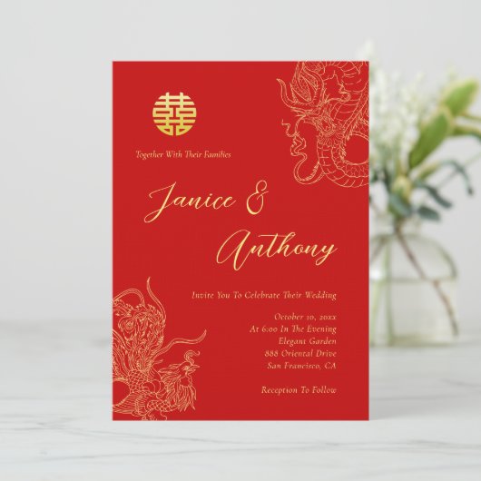 Red Chinese wedding dragon and phoenix 招待状 (スタンド正面)