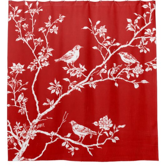 Red Chinoiserie Bird Shower Curtain | Elegant  シャワーカーテン (正面)