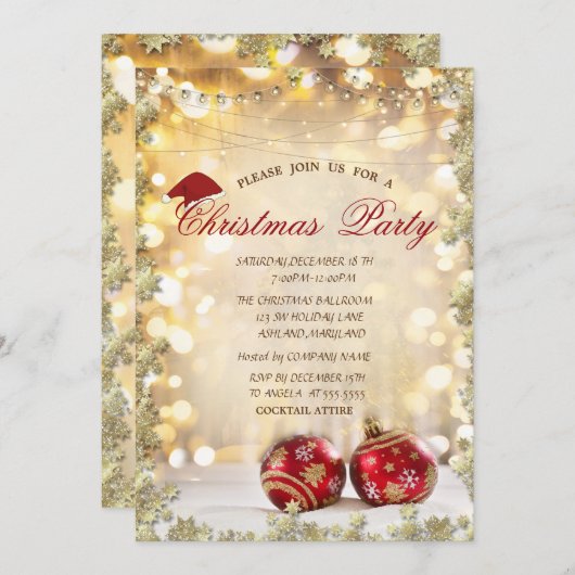 Red Christmas Balle, Stars Christmas Companyパーティー 招待状 (正面/裏面)