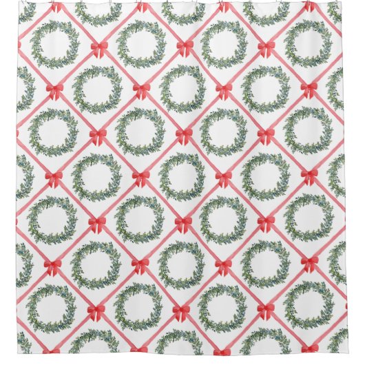 Red Christmas Bow Boxwood Wreath Shower Curtain シャワーカーテン (正面)