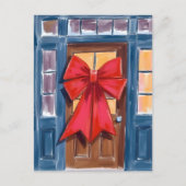 Red Christmas Bow Door Wreath Watercolor シーズンポストカード (正面)