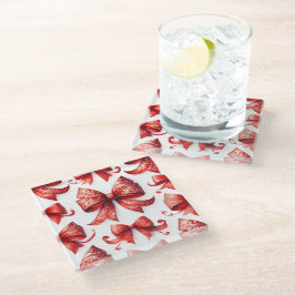 Red Christmas Bows ガラスコースター