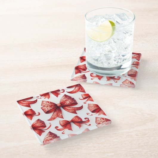 Red Christmas Bows ガラスコースター (アングル)