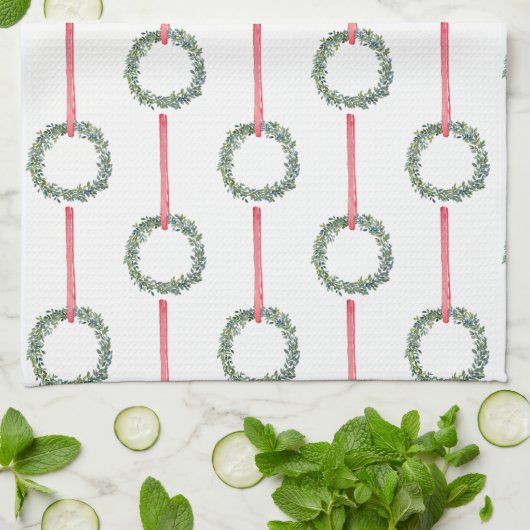 Red Christmas Boxwood Wreath キッチンタオル (折り畳み)