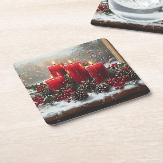 Red Christmas Candles Pine Cones Holly スクエアペーパーコースター (アングル)
