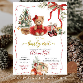 Red Christmas Coquette Bear Girl Baby Shower 招待状