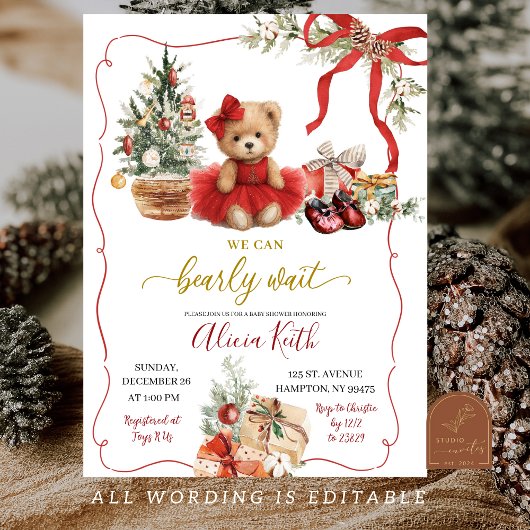 Red Christmas Coquette Bear Girl Baby Shower 招待状