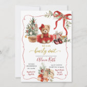 Red Christmas Coquette Bear Girl Baby Shower 招待状 (正面)