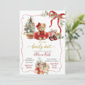 Red Christmas Coquette Bear Girl Baby Shower 招待状 (スタンド正面)