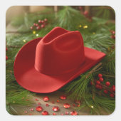 Red Christmas Cowboy Hat スクエアシール (正面)