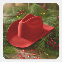 Red Christmas Cowboy Hat スクエアシール