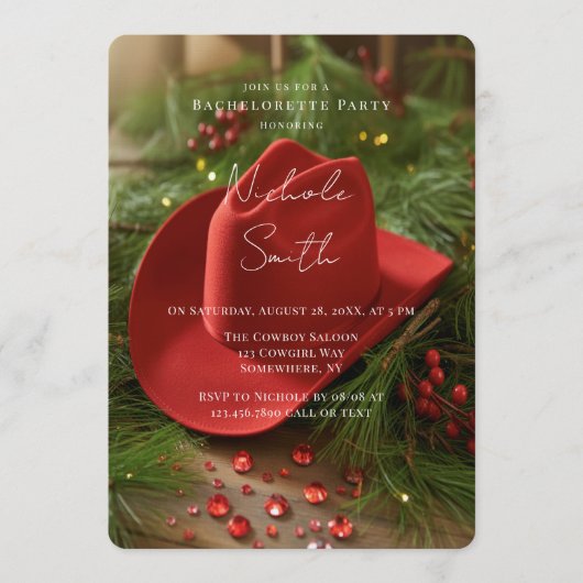 Red Christmas Cowboy Hat Bachelorette Party 招待状 (正面)