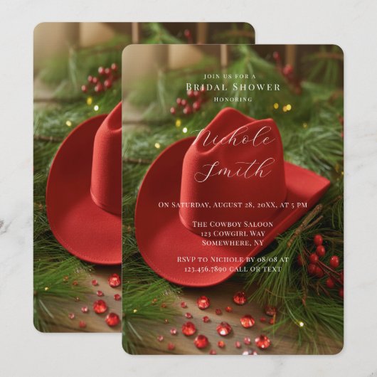 Red Christmas Cowboy Hat Bridal Shower 招待状 (正面/裏面)