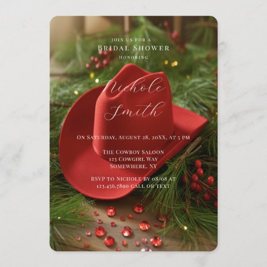 Red Christmas Cowboy Hat Bridal Shower 招待状 (正面)