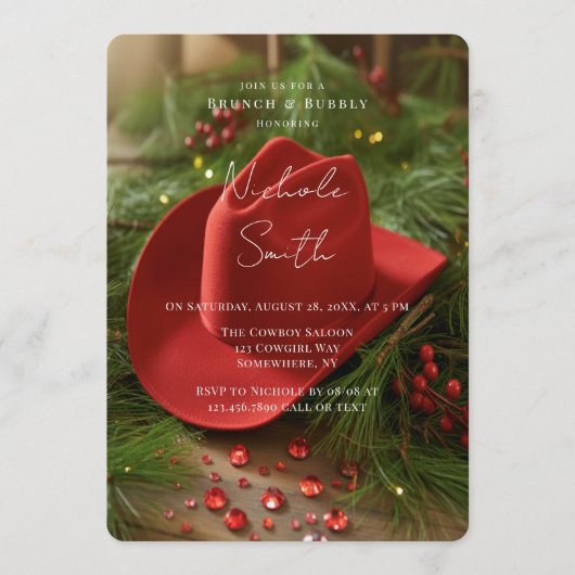 Red Christmas Cowboy Hat Brunch & Bubbly 招待状 (正面)