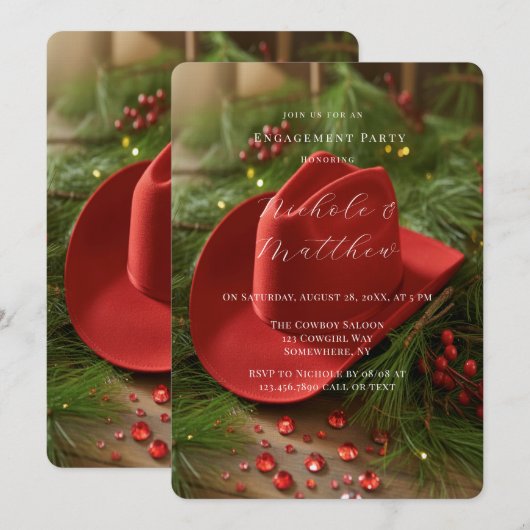 Red Christmas Cowboy Hat Engagement Party 招待状 (正面/裏面)