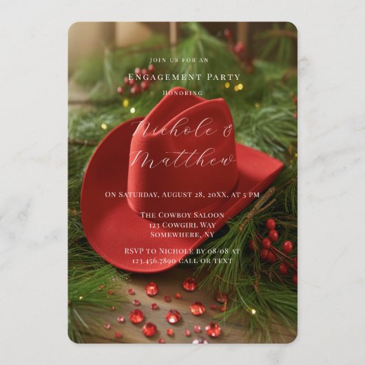 Red Christmas Cowboy Hat Engagement Party 招待状 (正面)