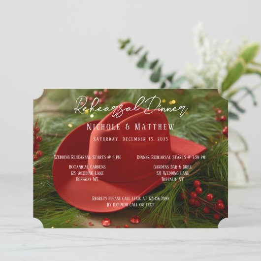 Red Christmas Cowboy Hat Rehearsal Dinner 招待状 (スタンド正面)