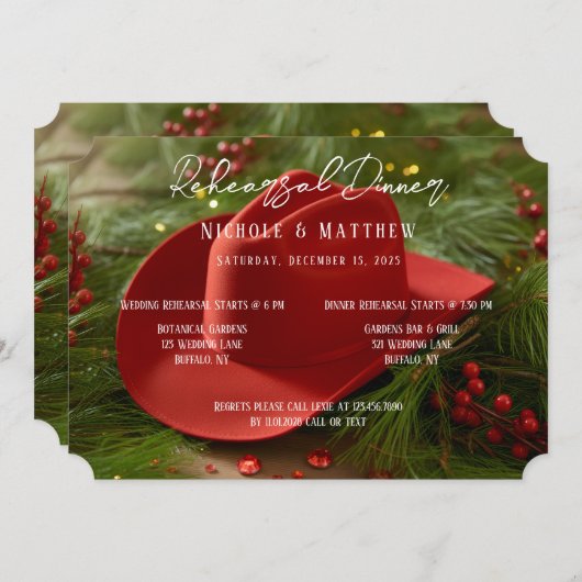 Red Christmas Cowboy Hat Rehearsal Dinner 招待状 (正面/裏面)