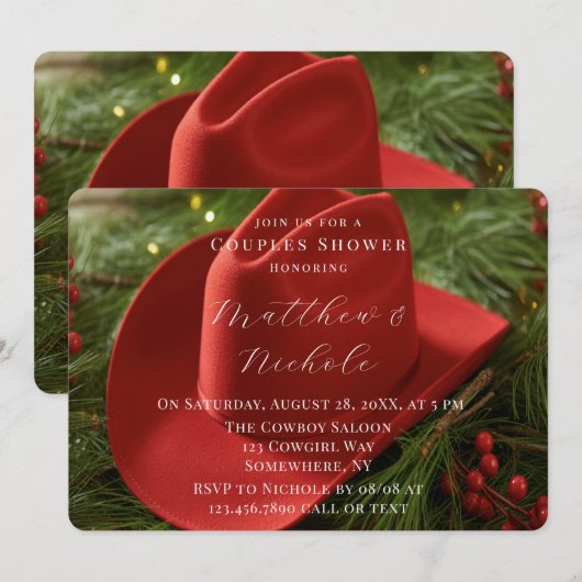 Red Christmas Cowboy Hat Wedding Shower 招待状 (正面/裏面)