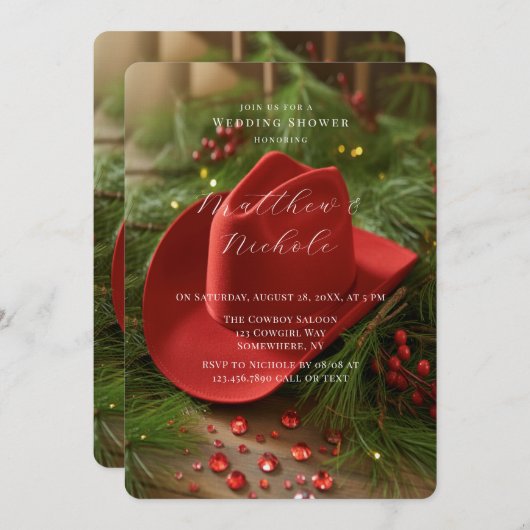 Red Christmas Cowboy Hat Wedding Shower 招待状 (正面/裏面)