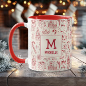 Red Christmas Doodle Monogram and Name マグカップ