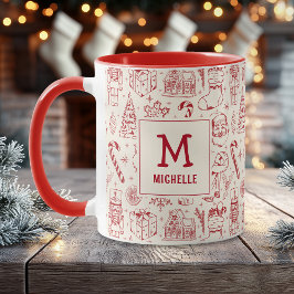 Red Christmas Doodle Monogram and Name マグカップ