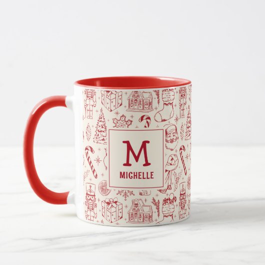 Red Christmas Doodle Monogram and Name マグカップ (左)