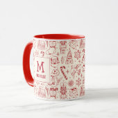 Red Christmas Doodle Monogram and Name マグカップ (正面左)