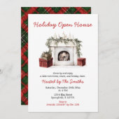 Red Christmas Fireplace Holiday Open House Party 招待状 (正面/裏面)