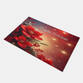 Red Christmas Floral Holiday Doormat ドアマット (アングル)