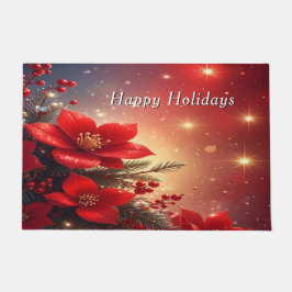 Red Christmas Floral Holiday Doormat ドアマット