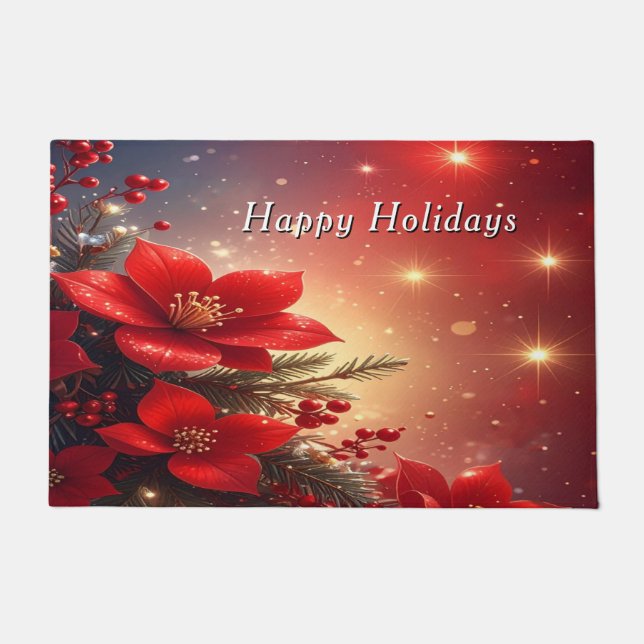 Red Christmas Floral Holiday Doormat ドアマット (正面)
