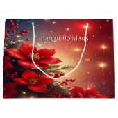 Red Christmas Floral Holiday Gift Bag ラージペーパーバッグ (正面)