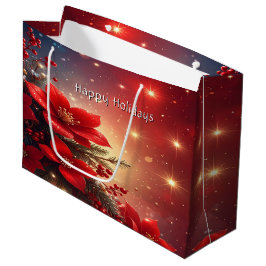 Red Christmas Floral Holiday Gift Bag ラージペーパーバッグ
