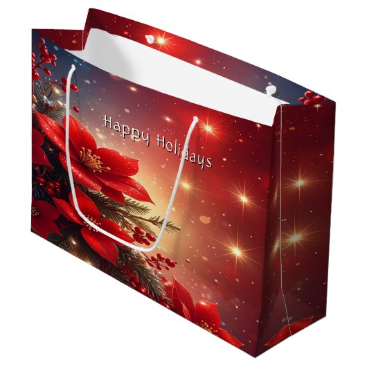 Red Christmas Floral Holiday Gift Bag ラージペーパーバッグ (正面アングル)