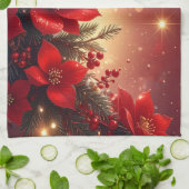 Red Christmas Floral Holiday Kitchen Towel キッチンタオル (折り畳み)