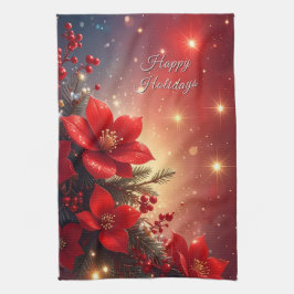 Red Christmas Floral Holiday Kitchen Towel キッチンタオル