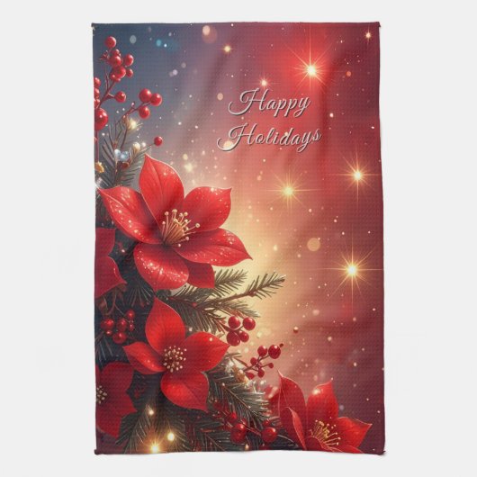 Red Christmas Floral Holiday Kitchen Towel キッチンタオル (縦)