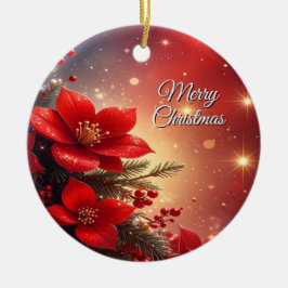 Red Christmas Floral Holiday Ornament セラミックオーナメント