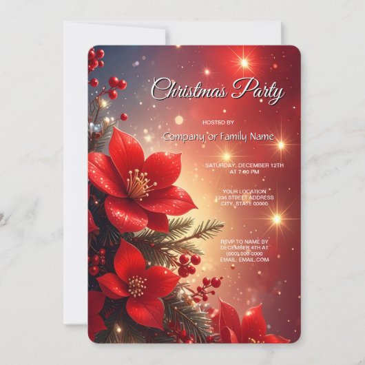 Red Christmas Floral Holiday Party Invitation 招待状 (正面)