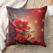 Red Christmas Floral Holiday Throw Pillow クッション (ブランケット)